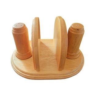 Vintage Kamenstein wood salt and pepper with napkin holder set.